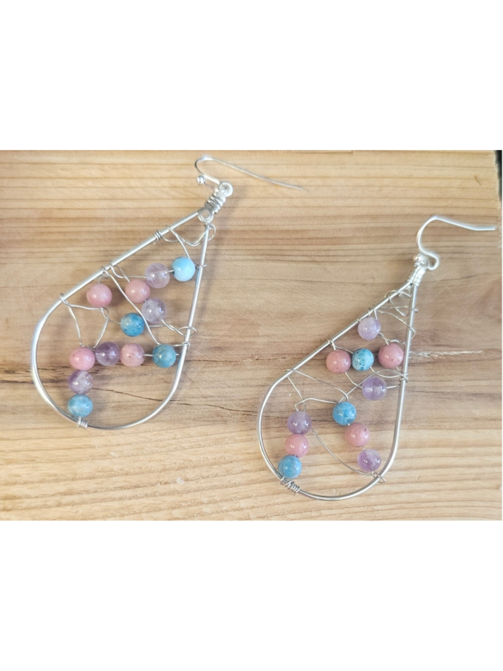 Hand Wire Wrapped Artisan Gemstone & Acrylic Beaded Teardrop Earrings Silver